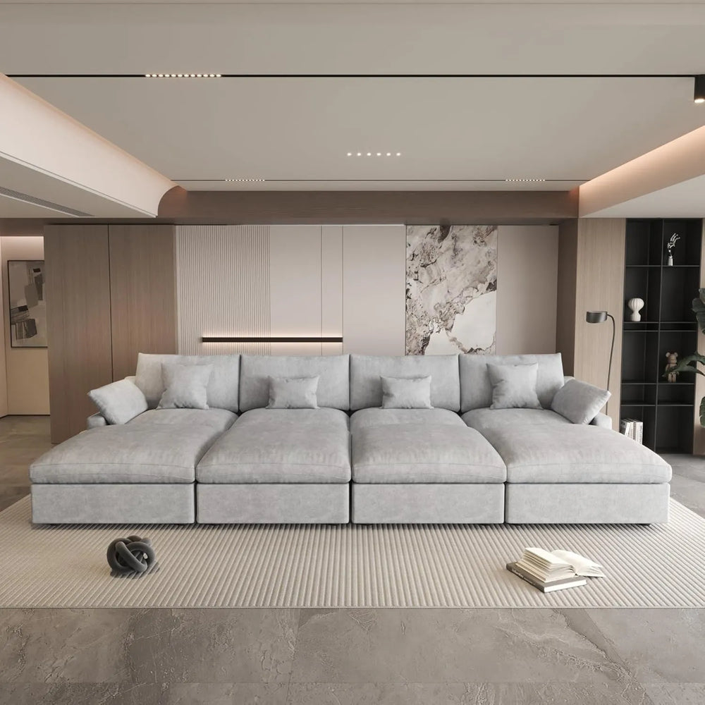 Deluxe Slope Cloud Sectional Sofas | Linen Light Grey Pit Sectionals 160" Adjustable Backrest Pillows 4-seaters