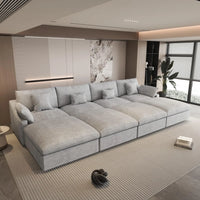 Deluxe Slope Cloud Sectional Sofas | Linen Light Grey Pit Sectionals 160" Adjustable Backrest Pillows 4-seaters