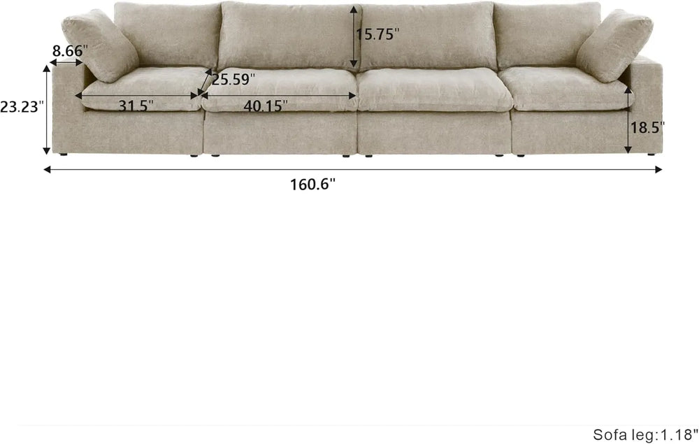 Deluxe Premium Cloud Sectional Sofas | 4-Piece Cotton and Linen Khaki Couch Sectionals 160" Storage Ottoman 4-seaters