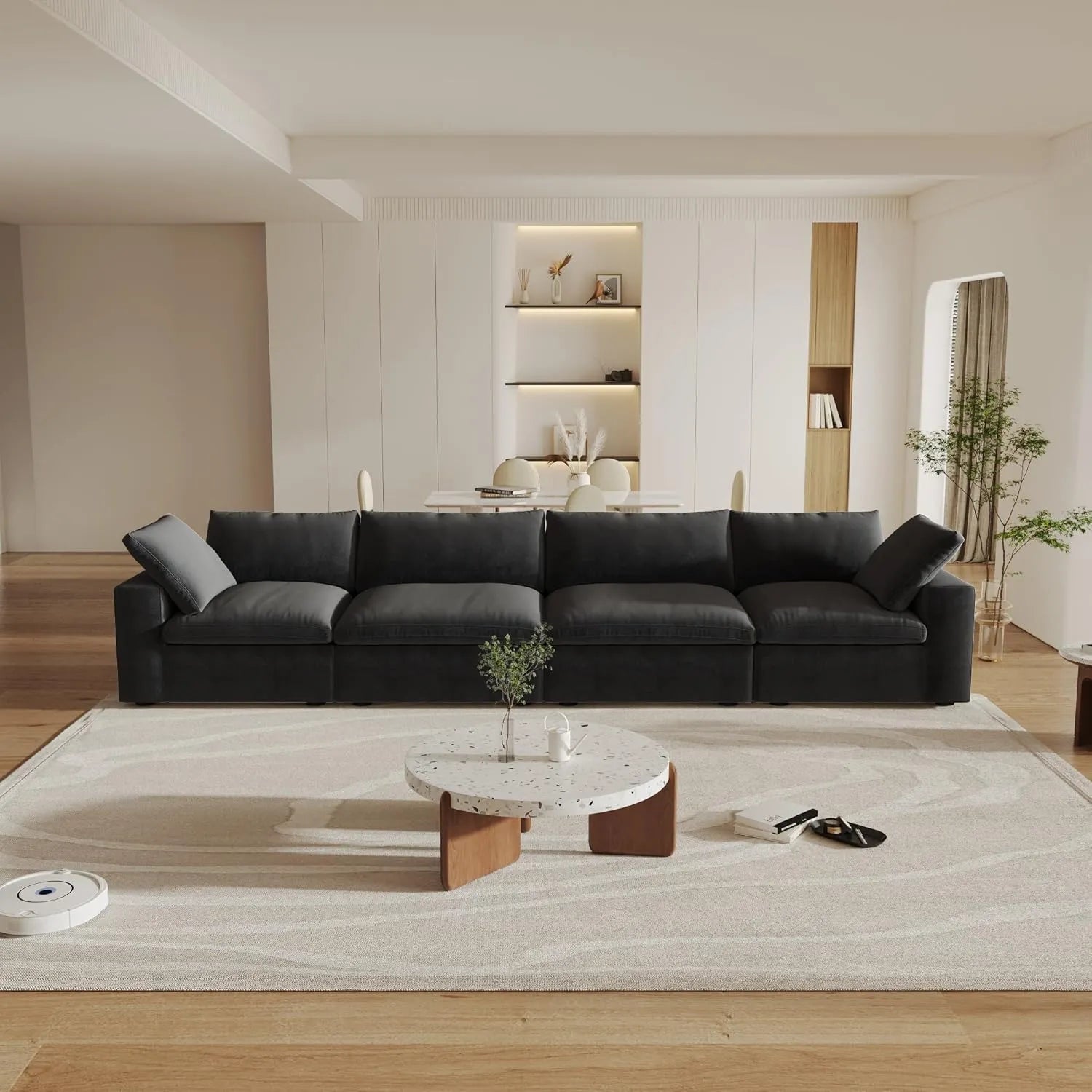 Sofá seccional Deluxe Cloud de 4 plazas, color negro, lavable | 4 piezas, tela de algodón y lino, diseño modular