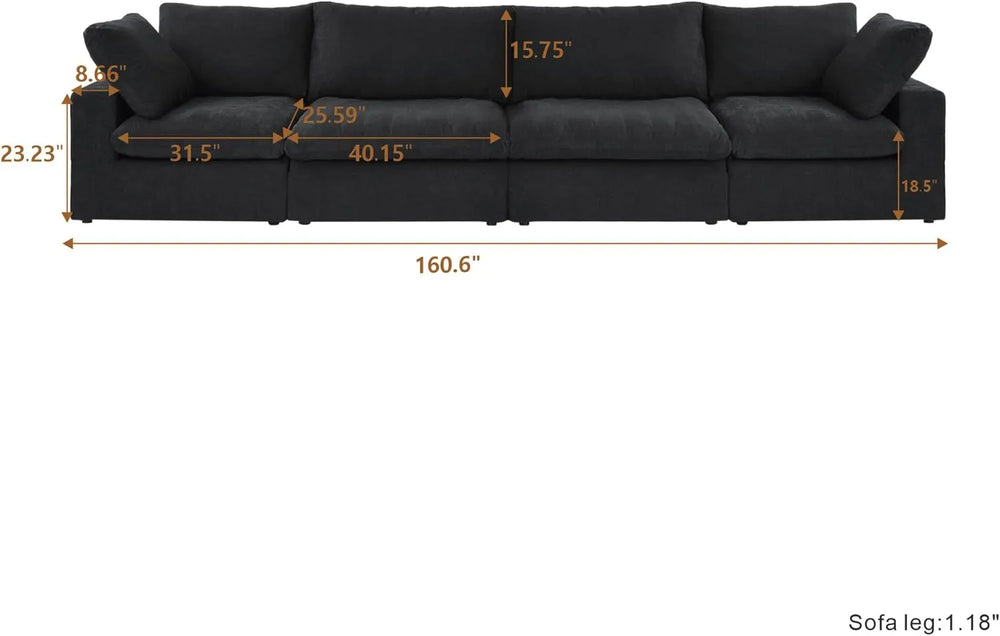 Deluxe Premium Cloud Sectional Sofas | Cotton and Linen Black Couch Sectionals 160" Storage Ottoman 4-seaters