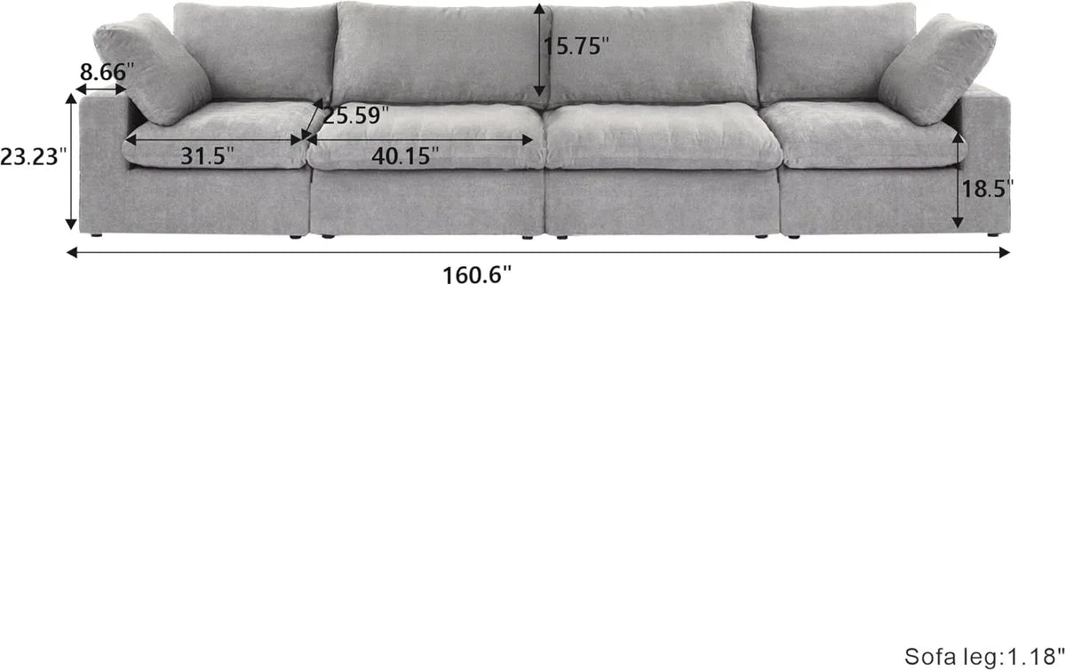 Sofá seccional lavable Deluxe Cloud de 4 plazas, color gris claro | 4 piezas, tela de algodón y lino, diseño modular