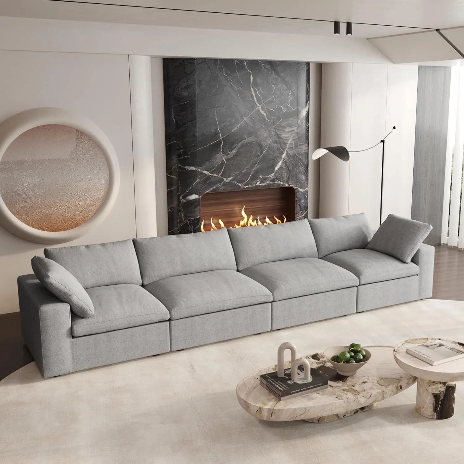 Deluxe Cloud 4-Seater Light-Grey Washable Couch Sectional | 4-Piece, Cotton and Linen Fabric, Modular Design
