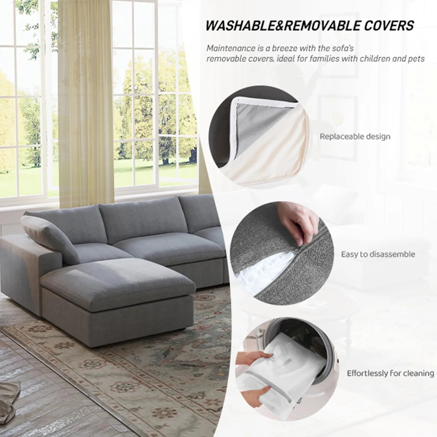 Deluxe Cloud 4-Seater Light-Grey Washable Couch Sectional | 4-Piece, Cotton and Linen Fabric, Modular Design