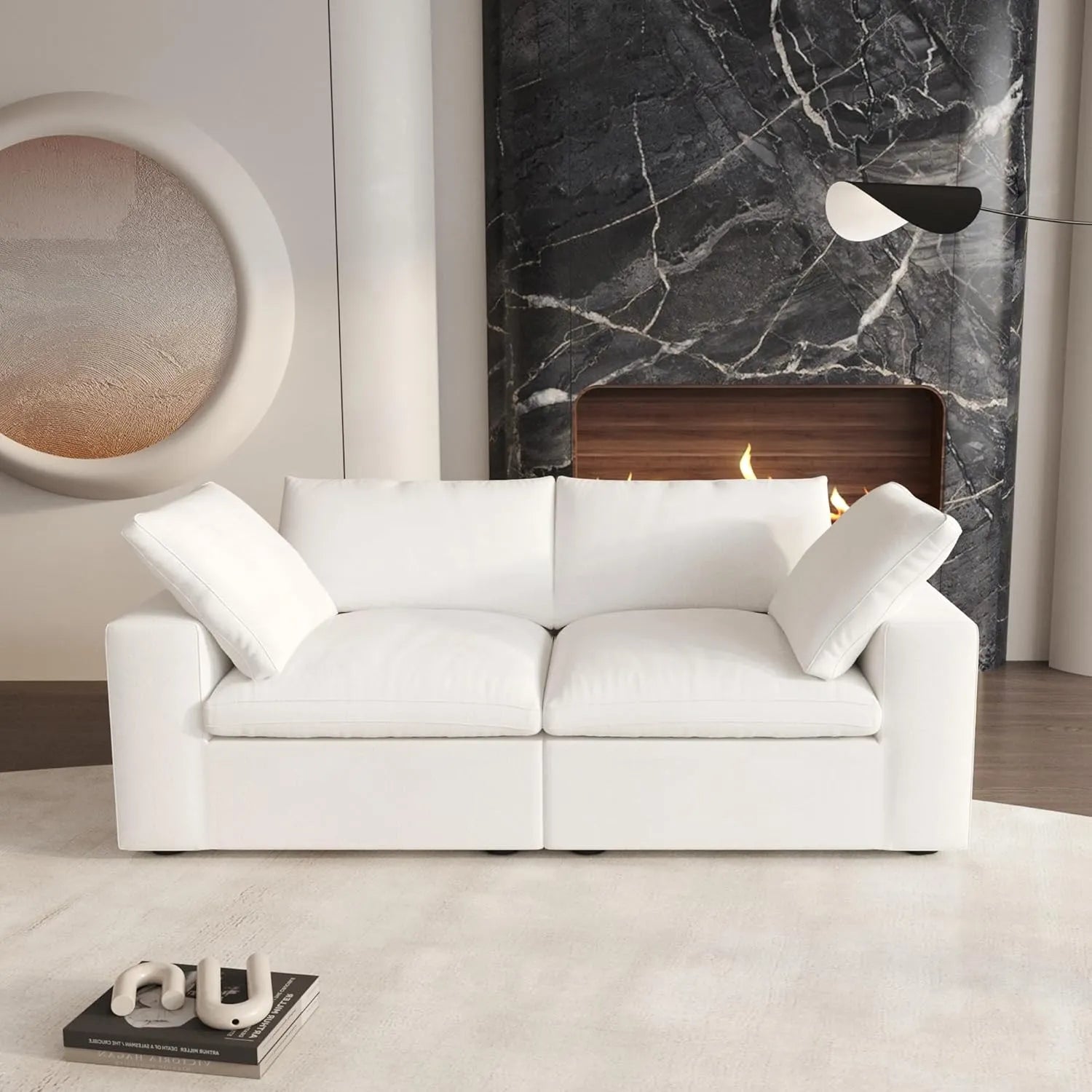 Deluxe Cloud 2-Seater White Washable Loveseat | 2-Piece, Cotton and Linen Fabric, Modular Design