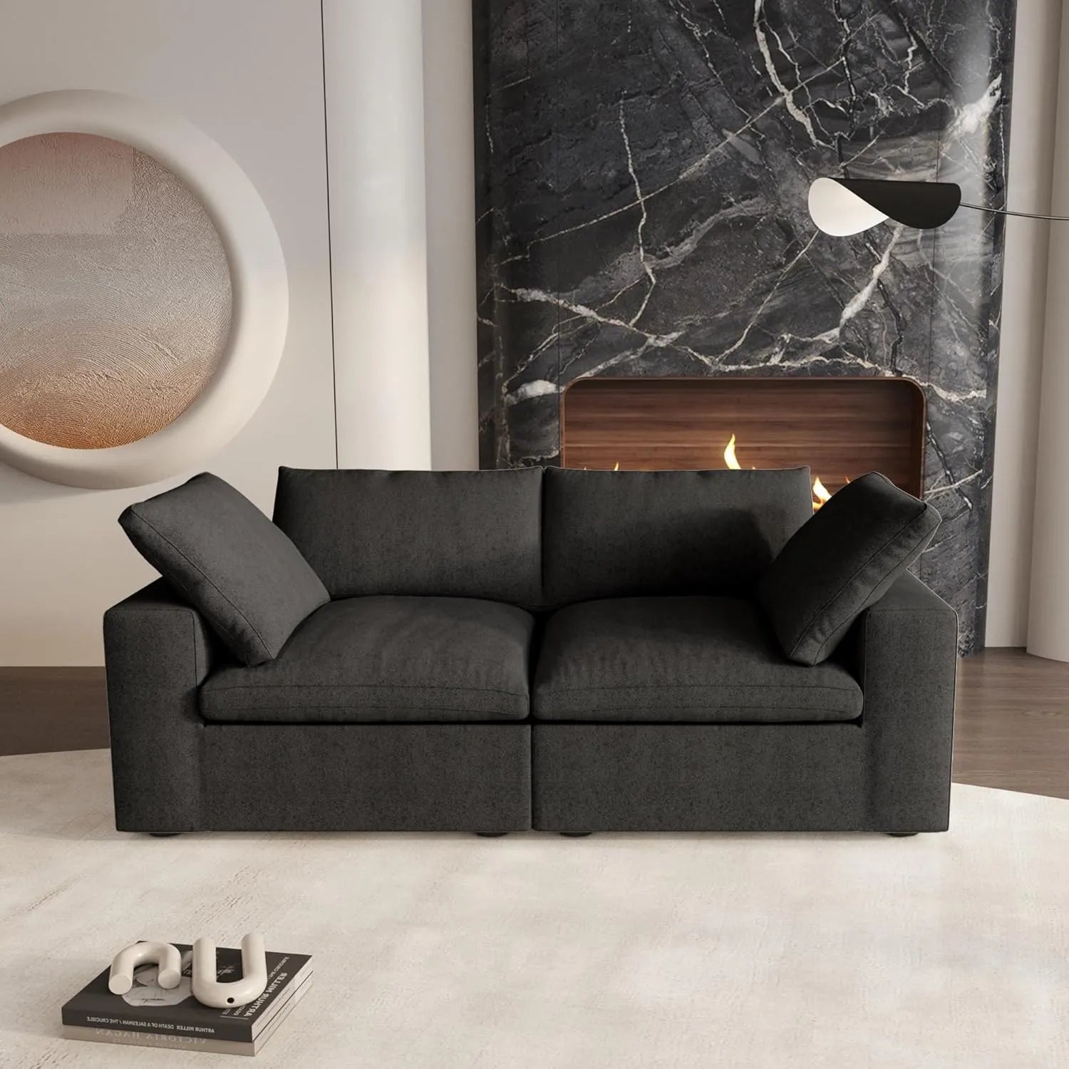 Sofá de dos plazas Deluxe Cloud, lavable, color negro | 2 piezas, tela de algodón y lino, diseño modular