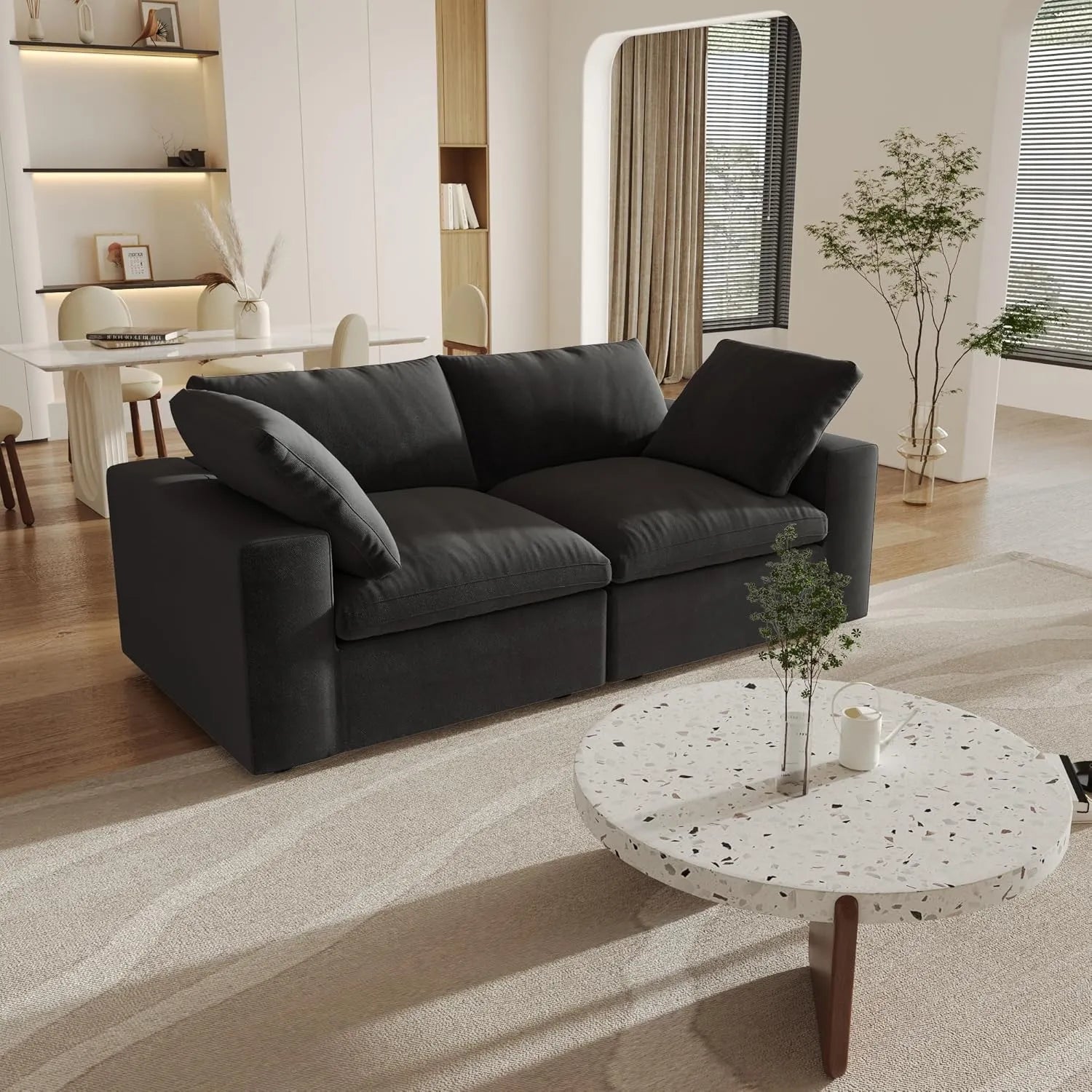 Sofá de dos plazas Deluxe Cloud, lavable, color negro | 2 piezas, tela de algodón y lino, diseño modular