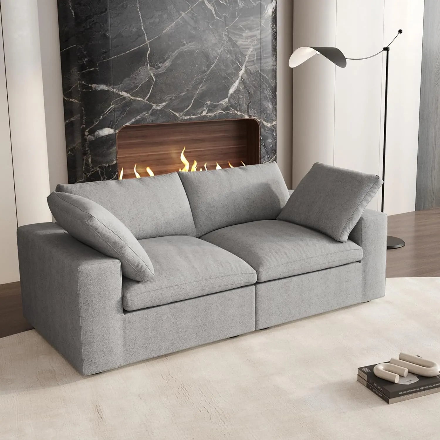 Deluxe Cloud 2-Seater Light-Grey Washable Loveseat | 2-Piece, Cotton and Linen Fabric, Modular Design