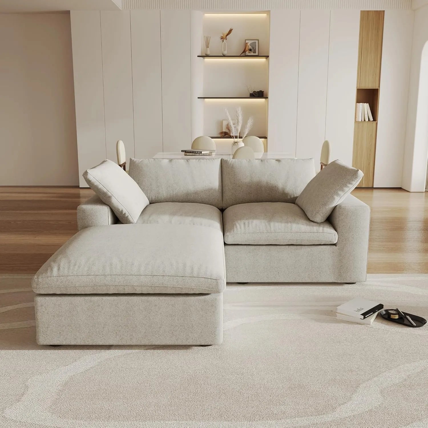 Deluxe Cloud 2-Seater Khaki Storage Chaise Sectional | 3-Piece (includes 1 Ottoman), Cotton and Linen Fabric, Washable Covers