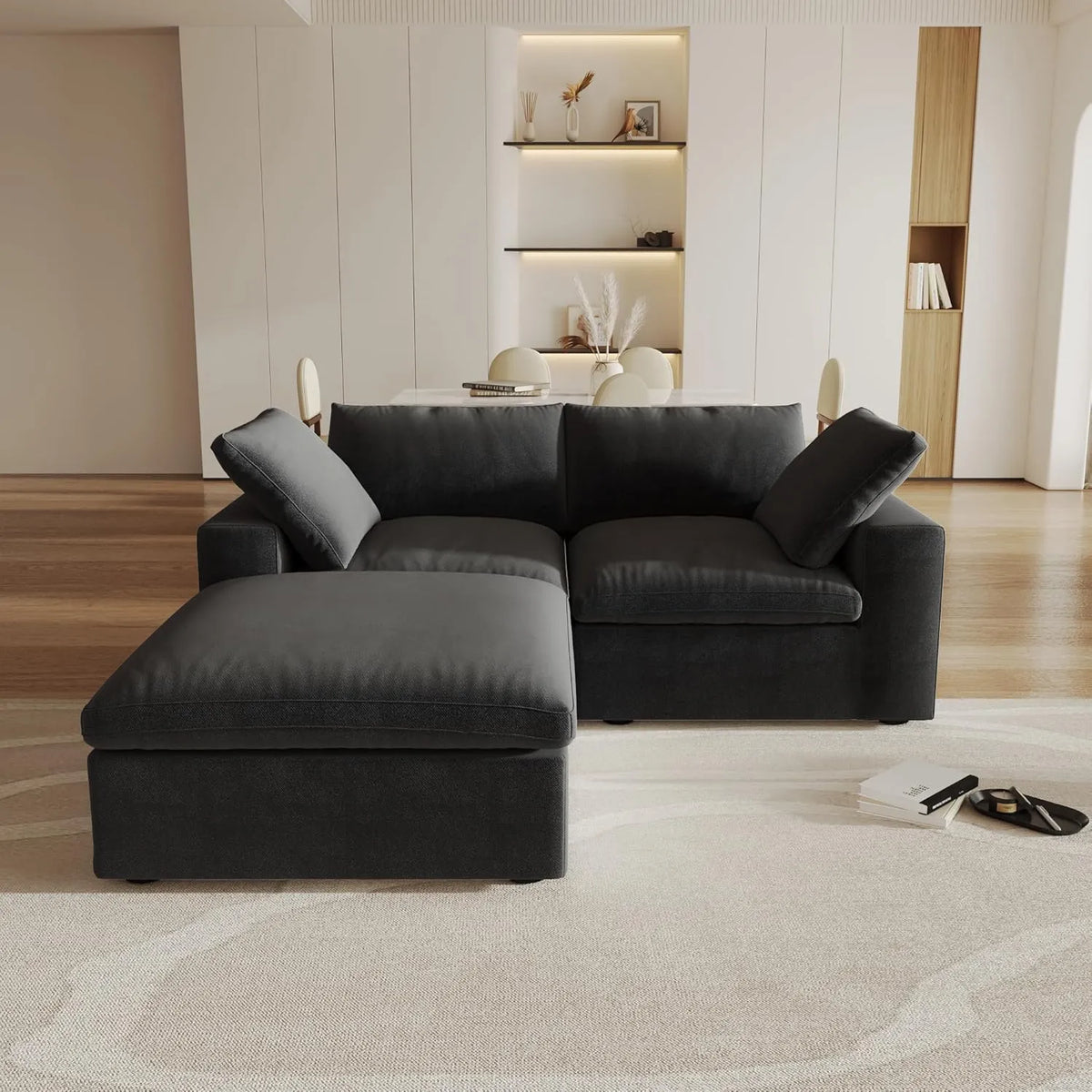 Deluxe Cloud 2-Seater Black Storage Chaise Sectional | 3-Piece (includes 1 Ottoman), Cotton and Linen Fabric, Washable Covers