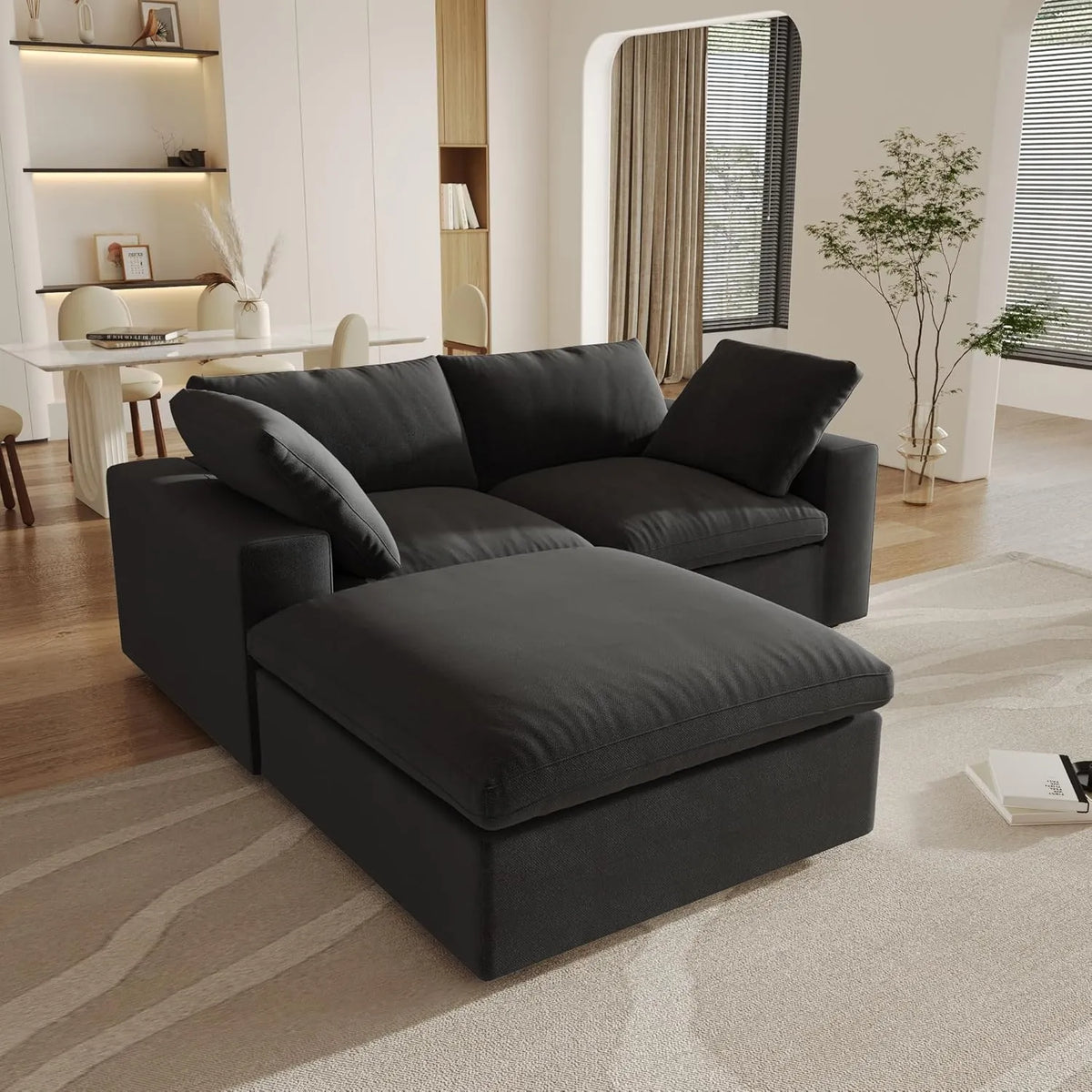 Deluxe Cloud 2-Seater Black Storage Chaise Sectional | 3-Piece (includes 1 Ottoman), Cotton and Linen Fabric, Washable Covers