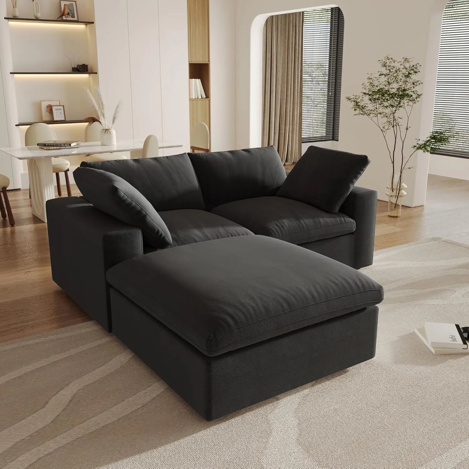 Deluxe Cloud 2-Seater Black Storage Chaise Sectional | 3-Piece (includes 1 Ottoman), Cotton and Linen Fabric, Washable Covers