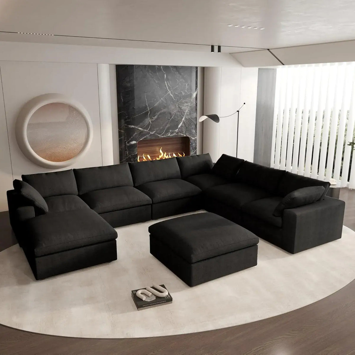 Deluxe Cloud 6-Seater Black Storage Sofa Set | 8-Piece (includes 2 Ottomans), Cotton and Linen Fabric, Washable Covers