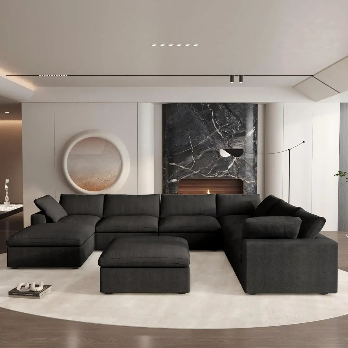 Deluxe Cloud 6-Seater Black Storage Sofa Set | 8-Piece (includes 2 Ottomans), Cotton and Linen Fabric, Washable Covers