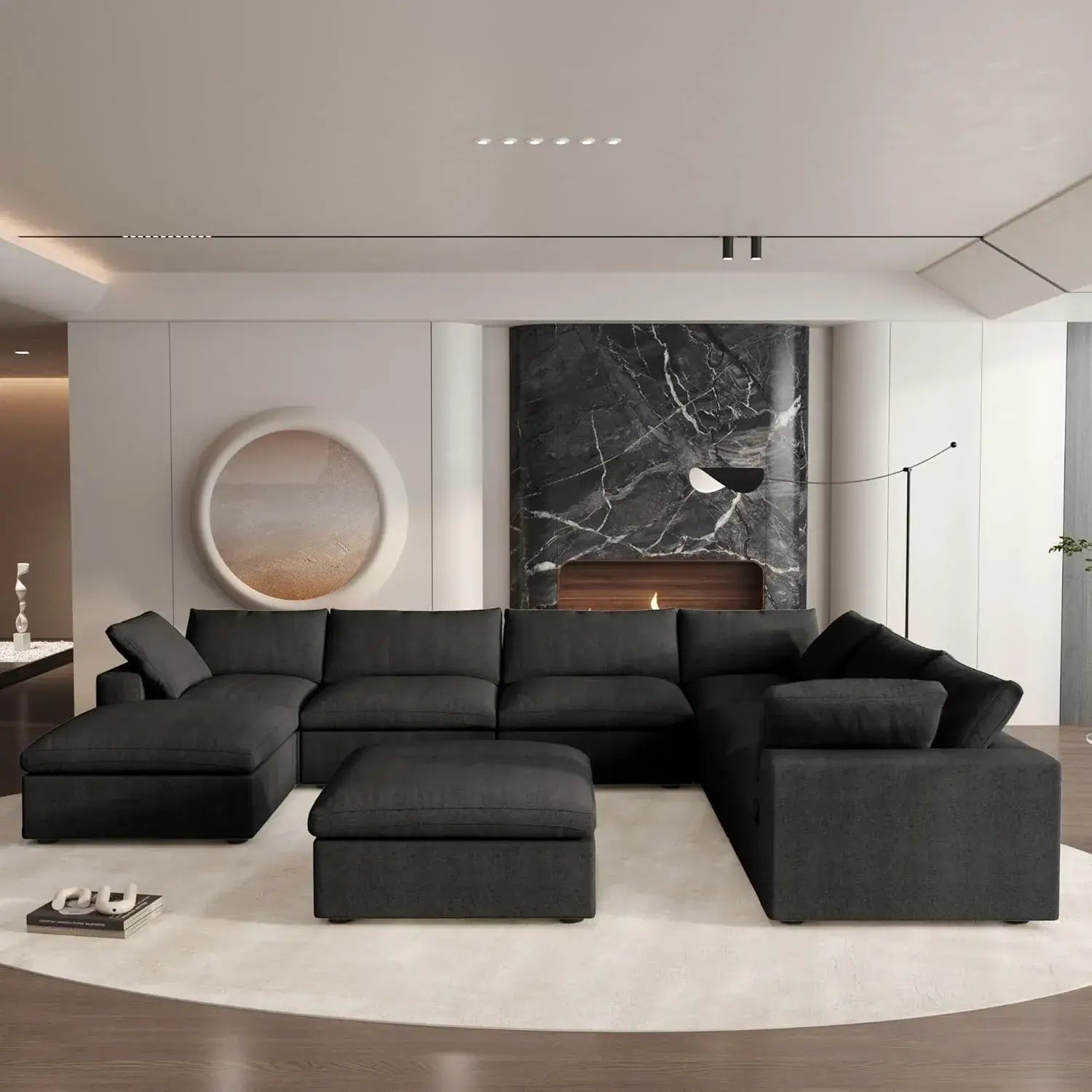 Deluxe Cloud 6-Seater Black Storage Sofa Set | 8-Piece (includes 2 Ottomans), Cotton and Linen Fabric, Washable Covers