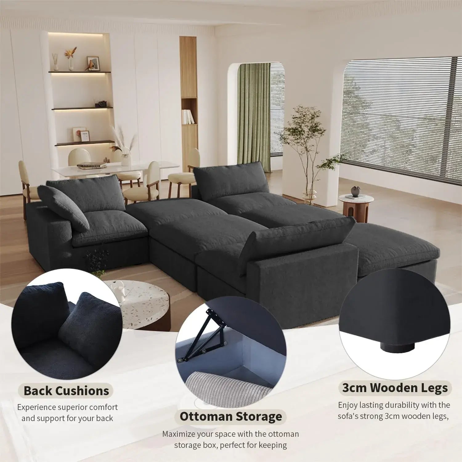 Deluxe Cloud 6-Seater Black Storage Sofa Set | 8-Piece (includes 2 Ottomans), Cotton and Linen Fabric, Washable Covers