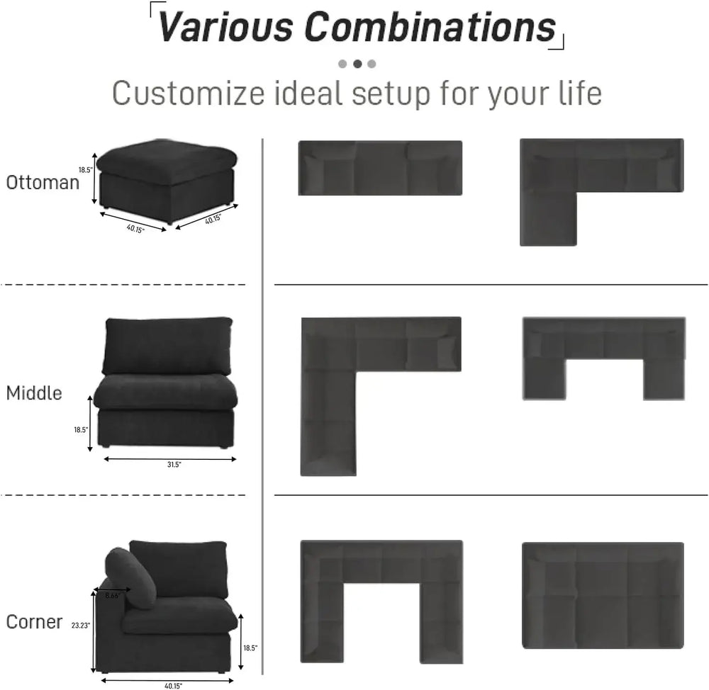 Deluxe Premium Cloud Sectional Sofas | Cotton and Linen Black Sofa Sets 160" Removable & Washable Covers 6-seaters