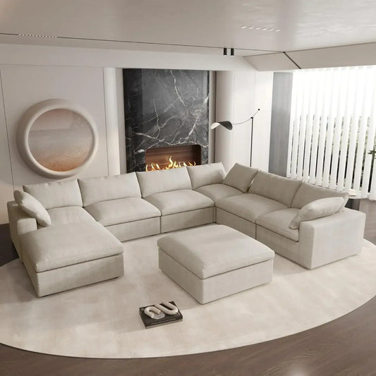Deluxe Premium Cloud Sectional Sofas | Cotton and Linen Khaki Sofa Sets 160" Removable & Washable Covers 6-seaters