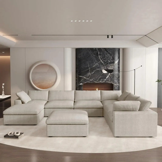 Deluxe Premium Cloud Sectional Sofas | Cotton and Linen Khaki Sofa Sets 160" Removable & Washable Covers 6-seaters