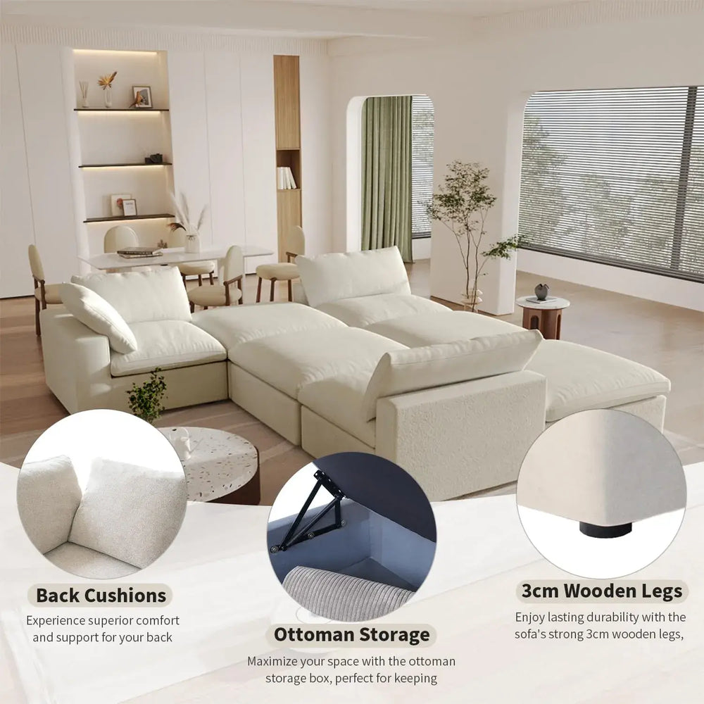 Deluxe Premium Cloud Sectional Sofas | Cotton and Linen Khaki Sofa Sets 160" Removable & Washable Covers 6-seaters