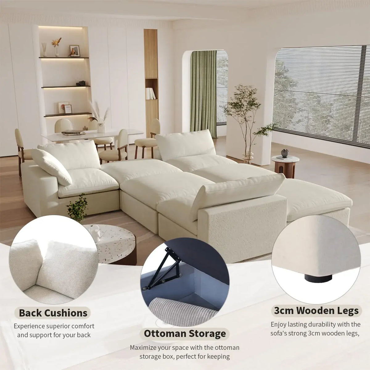 Deluxe Cloud 3-Seater Khaki Pit Sectional | 6-Piece (Includes 3 Ottomans), Cotton And Linen Fabric, Family Room Seating, Washable Cushion Covers