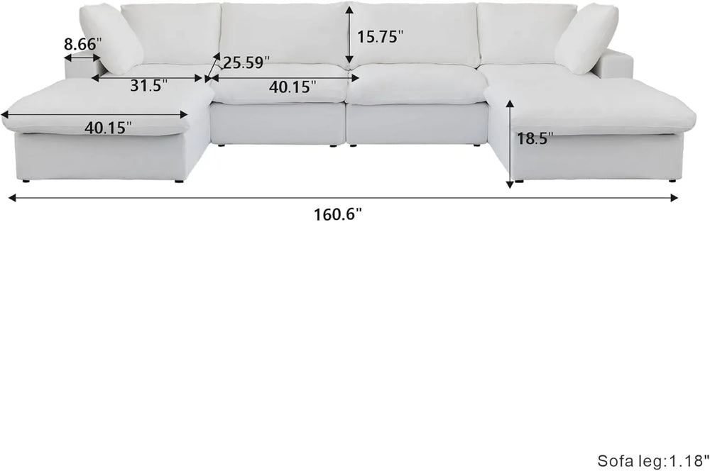 Deluxe Premium Cloud Sectional Sofas | 6-Piece Cotton and Linen White U-shaped Sectionals 160" Storage Ottoman 4-seaters