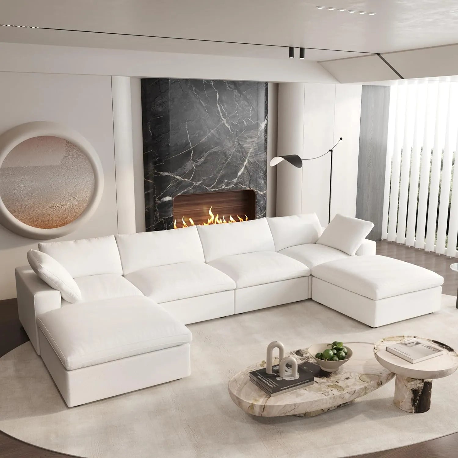 Deluxe Cloud 4-Seater White Storage U-Shaped Sectional | 6-Piece (includes 2 Ottomans), Cotton and Linen Fabric, Washable Covers