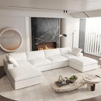 Deluxe Premium Cloud Sectional Sofas | 6-Piece Cotton and Linen White U-shaped Sectionals 160" Storage Ottoman 4-seaters