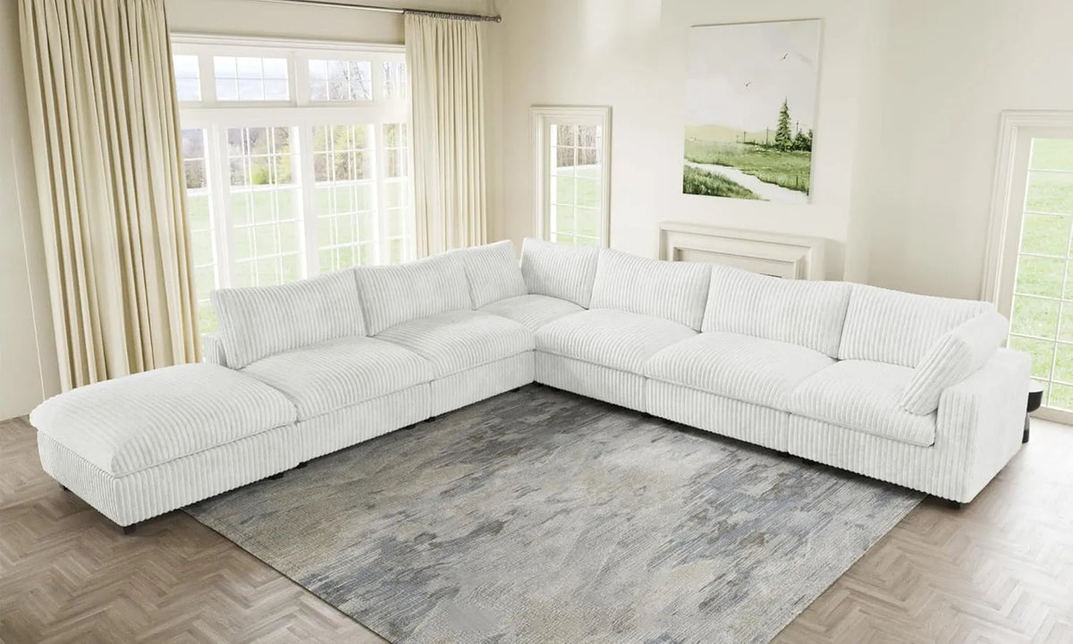 Deluxe Cloud 6-Seater Beige Washable V-Shaped Sectional | 7-Piece (includes 1 Ottoman), Plush Fabric, Modular Design