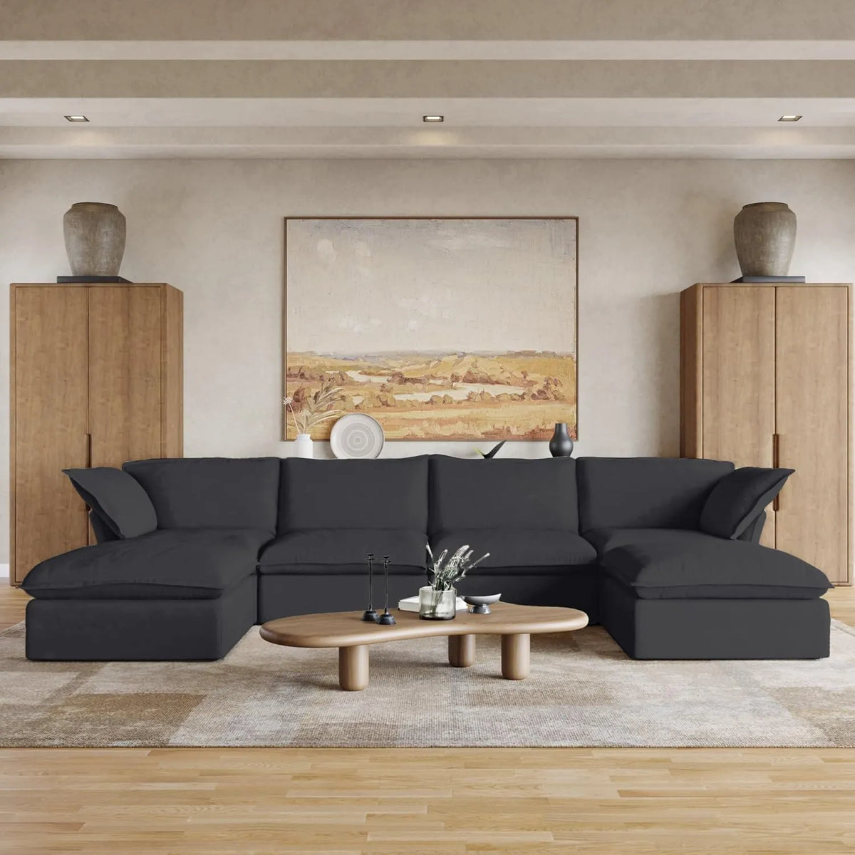 Deluxe Cloud 4-Seater Black Storage U-Shaped Sectional | 6-Piece (includes 2 Ottomans), Linen and Cotton Fabric, Washable Covers