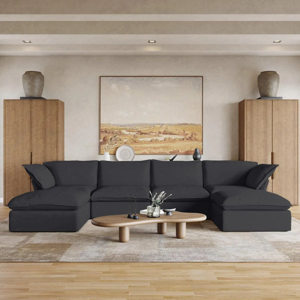 Sofás seccionales de lujo de lino Cloud | Seccionales en forma de U de 6 piezas de algodón y lino negro, 4 plazas