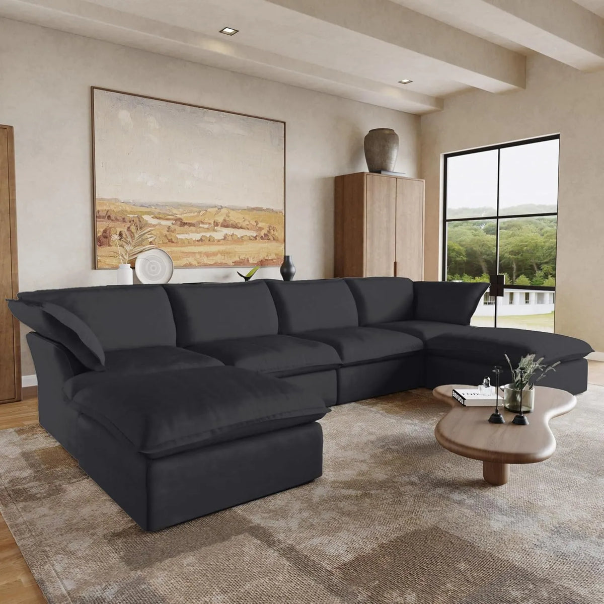 Deluxe Cloud 4-Seater Black Storage U-Shaped Sectional | 6-Piece (includes 2 Ottomans), Linen and Cotton Fabric, Washable Covers