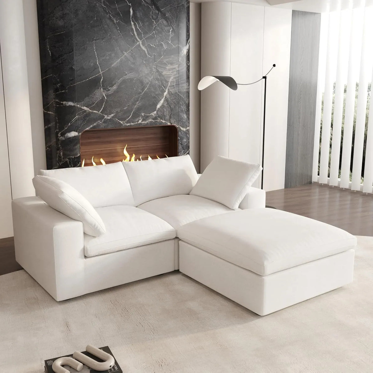 Deluxe Cloud 2-Seater White Storage Chaise Sectional | 3-Piece (includes 1 Ottoman), Cotton and Linen Fabric, Washable Covers