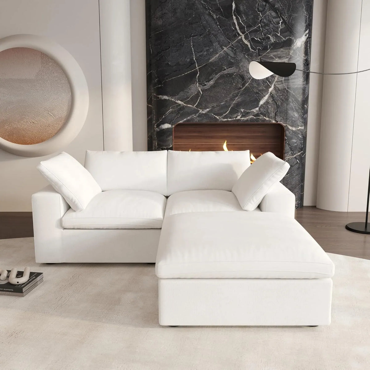 Deluxe Cloud 2-Seater White Storage Chaise Sectional | 3-Piece (includes 1 Ottoman), Cotton and Linen Fabric, Washable Covers