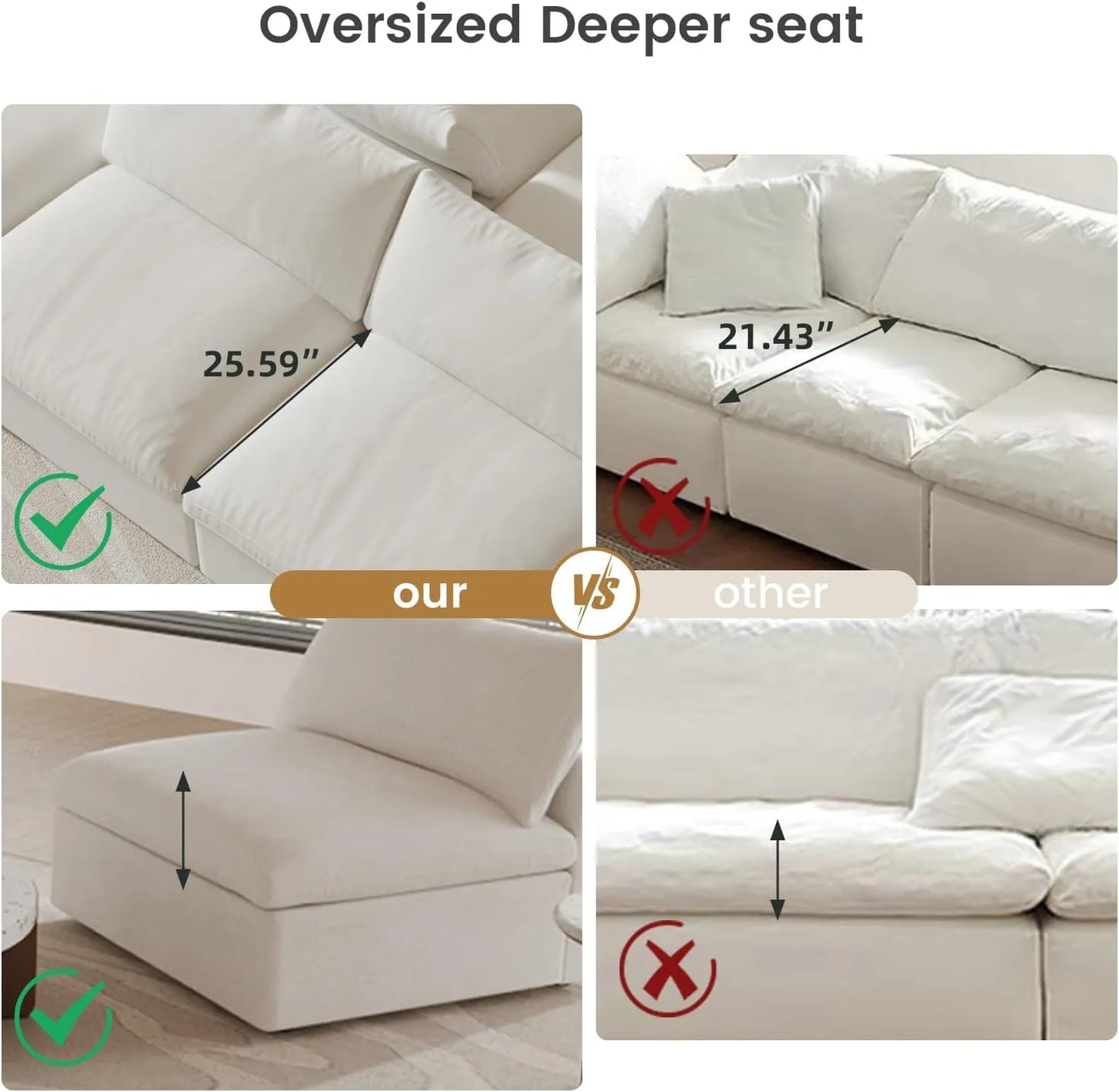 Deluxe Premium Cloud Sectional Sofas | Cotton and Linen White Chaise Sectionals 80" Removable & Washable Covers 2-seaters