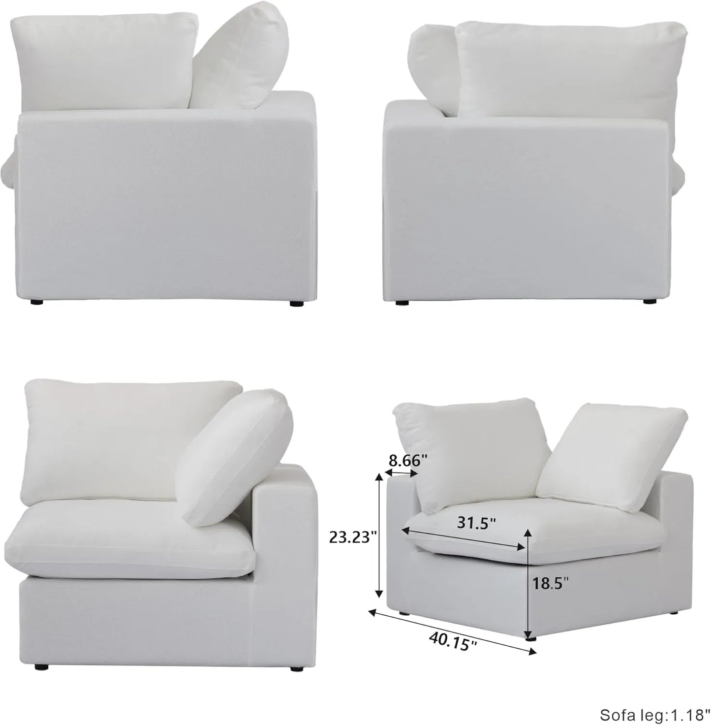 Deluxe Premium Cloud Sectional Sofas | White Cotton and Linen Armless Single Sofa 1-seater