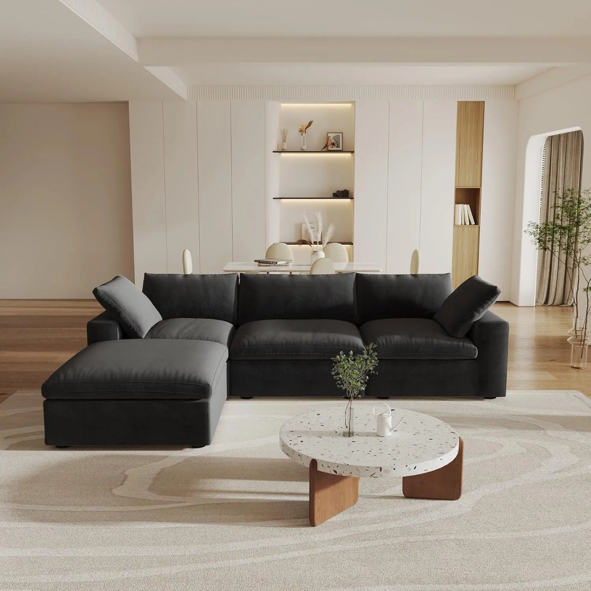 Deluxe Cloud 3-Seater Black Storage L-Shaped Sectional | 4-Piece (includes 1 Ottoman), Cotton and Linen Fabric, Washable Covers