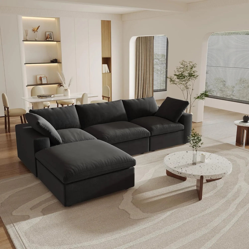 Deluxe Premium Cloud Sectional Sofas | Cotton and Linen Black L-Shaped Sectionals 120" Storage Ottoman 3-seaters