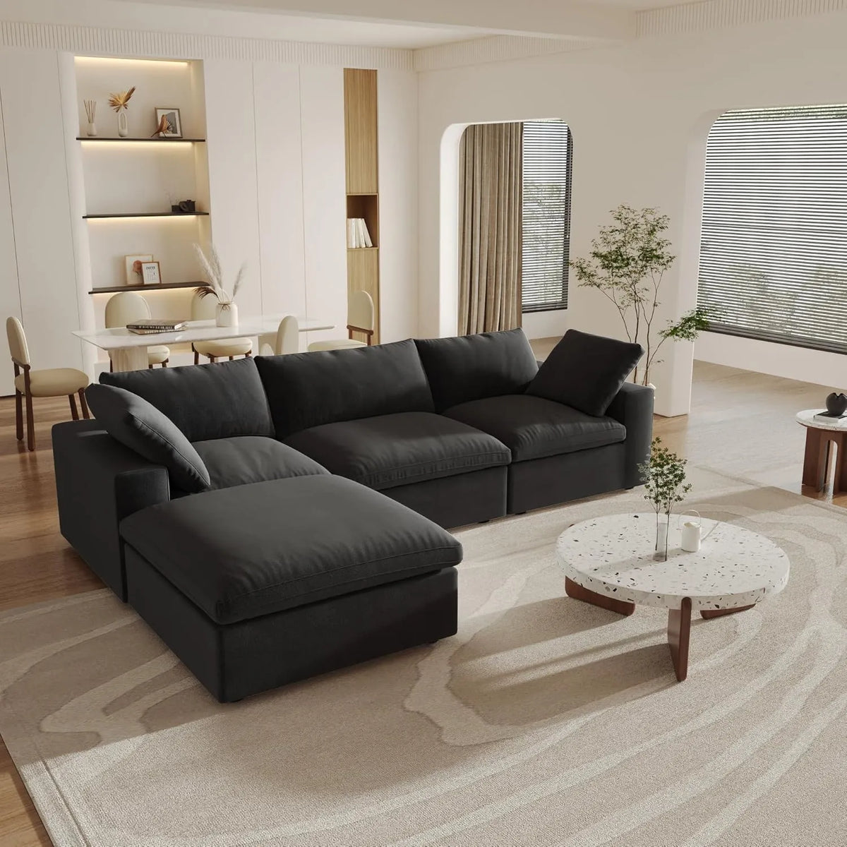 Deluxe Cloud 3-Seater Black Storage L-Shaped Sectional | 4-Piece (includes 1 Ottoman), Cotton and Linen Fabric, Washable Covers