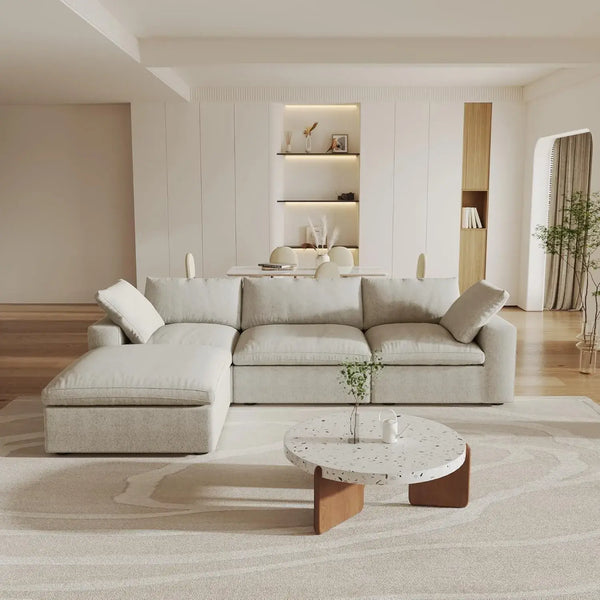 Deluxe Premium Cloud Sectional Sofas | 4-Piece Cotton and Linen Khaki L-Shaped Sectionals 120" Cloud-Like Comfort 3-seater