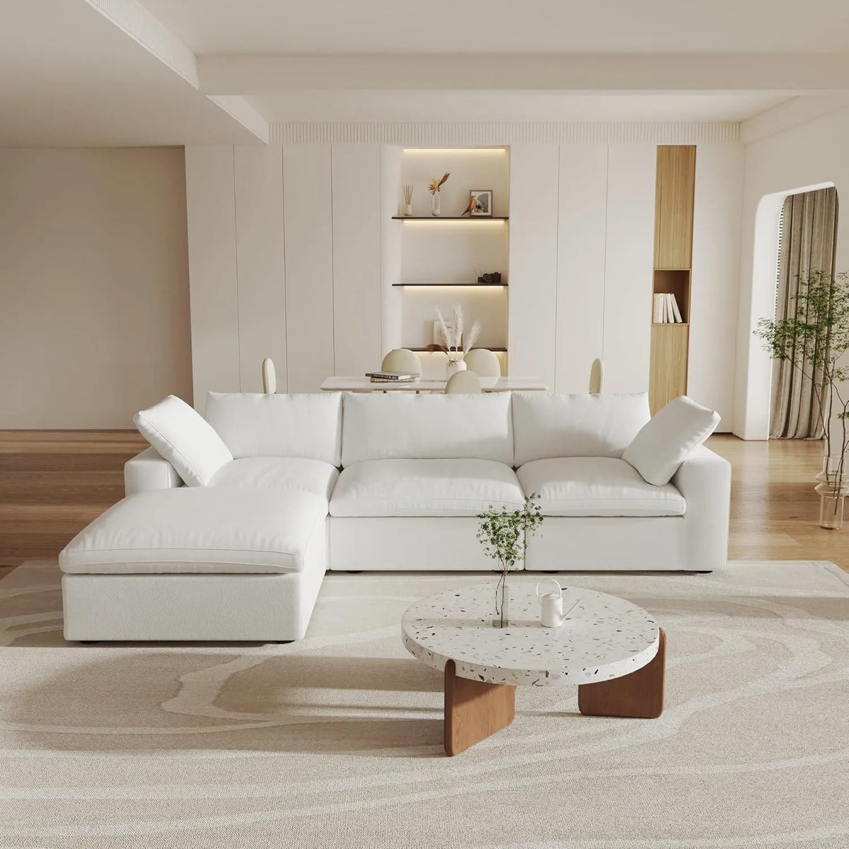 Deluxe Cloud 3-Seater White Storage L-Shaped Sectional | 4-Piece (includes 1 Ottoman), Cotton and Linen Fabric, Washable Covers