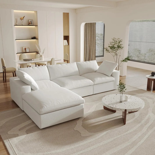Deluxe Premium Cloud Sectional Sofas | Cotton and Linen White L-Shaped Sectionals 120" Storage Ottoman 3-seaters