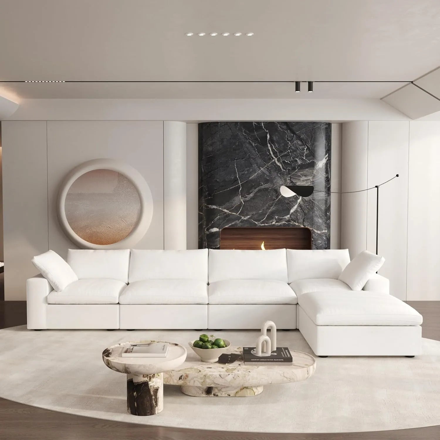 Deluxe Cloud 4-Seater White Storage L-Shaped Sectional | 5-Piece (includes 1 Ottoman), Cotton and Linen Fabric, Washable Covers