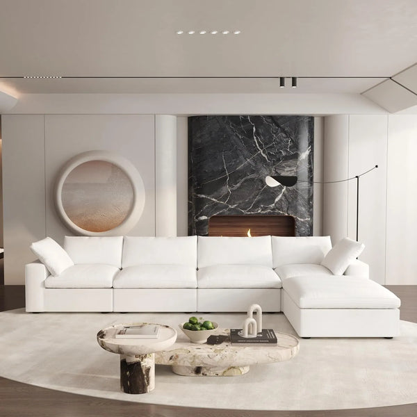 Sofás seccionales Cloud de lujo premium | Seccionales blancos en forma de L de 5 piezas de algodón y lino, 4 plazas, 160" (406 cm) con fundas extraíbles y lavables