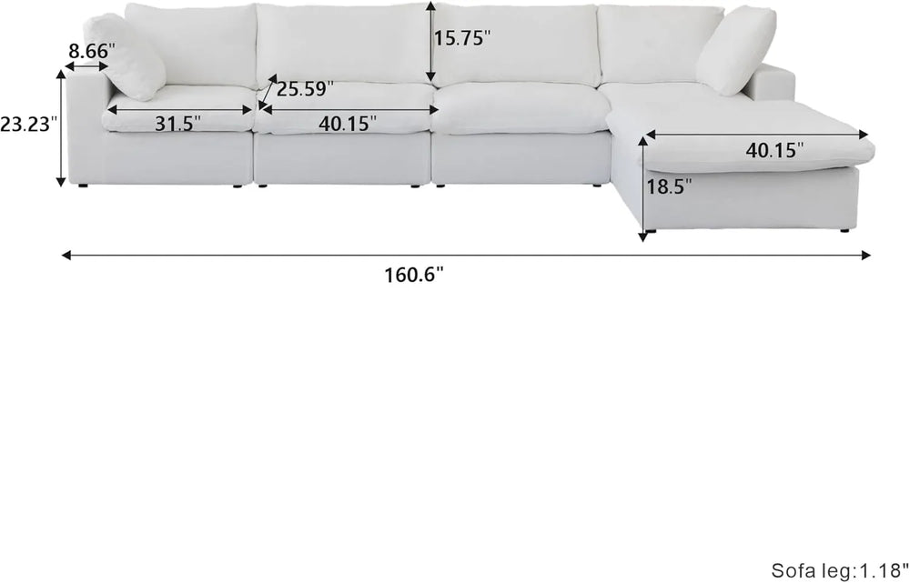 Deluxe Premium Cloud Sectional Sofas | 5-Piece Cotton and Linen White L-Shaped Sectionals 160" Removable & Washable Covers 4-seaters