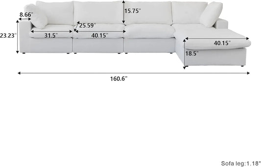 Deluxe Premium Cloud Sectional Sofas | Cotton and Linen White L-Shaped Sectionals 160" Removable & Washable Covers 4-seaters