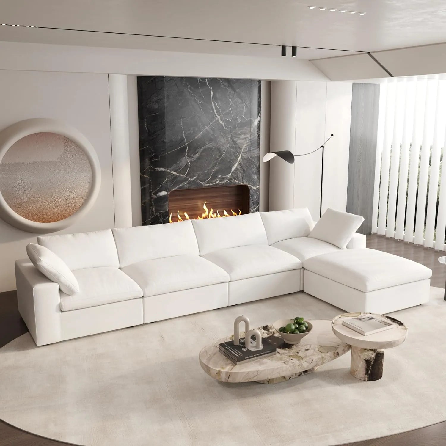 Deluxe Cloud 4-Seater White Storage L-Shaped Sectional | 5-Piece (includes 1 Ottoman), Cotton and Linen Fabric, Washable Covers
