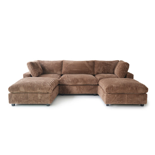 Deluxe Classic Cloud Sectional Sofas Covers | Cloud Plush Fabric 3-Seater With 2 Ottomans Brown Covers