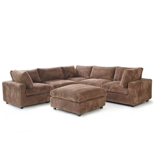 Deluxe Classic Cloud Sectional Sofas Covers | Cloud Plush Fabric 5-Seater With Ottoman Brown Covers