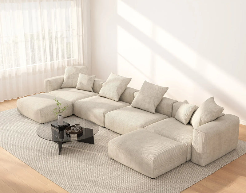 Matrix Modern Modular Sofas | 6-Piece Beige Corduroy U-Shaped Sectionals 4-seater